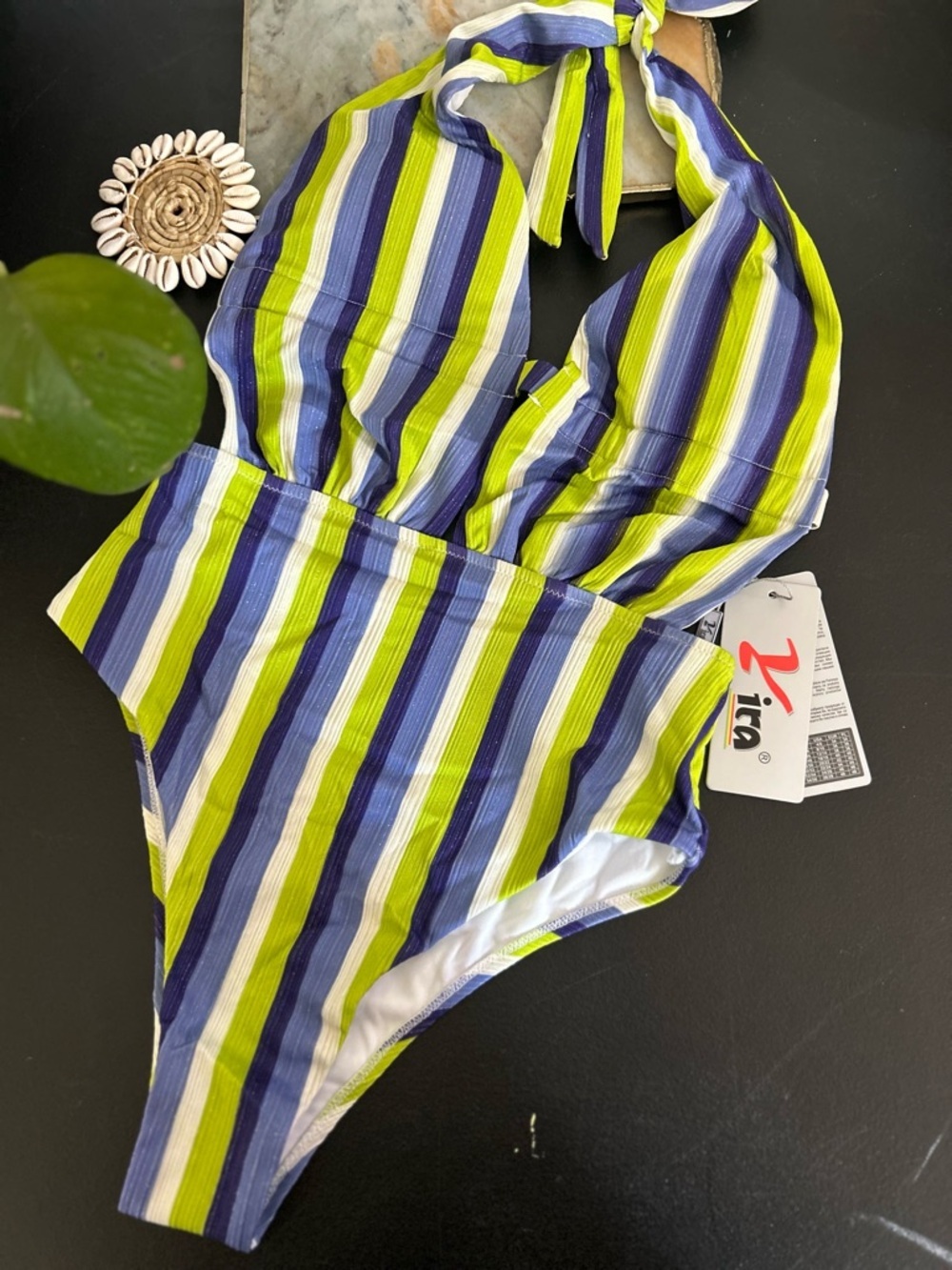 Yira one piece stripped halter top green blue size large - Picture 8 of 9